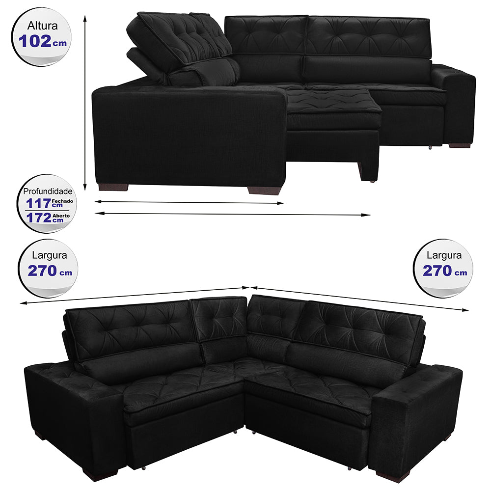 0 - Sofá de Canto Retrátil, Reclinável, Molas Cama inBox Austin 2