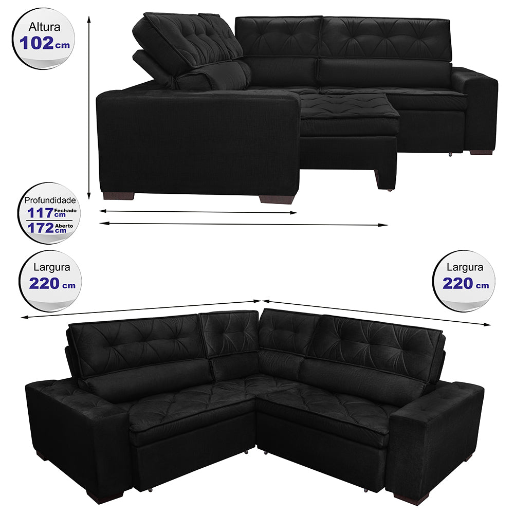 0 - Sofá de Canto Retrátil, Reclinável, Molas Cama inBox Austin 2