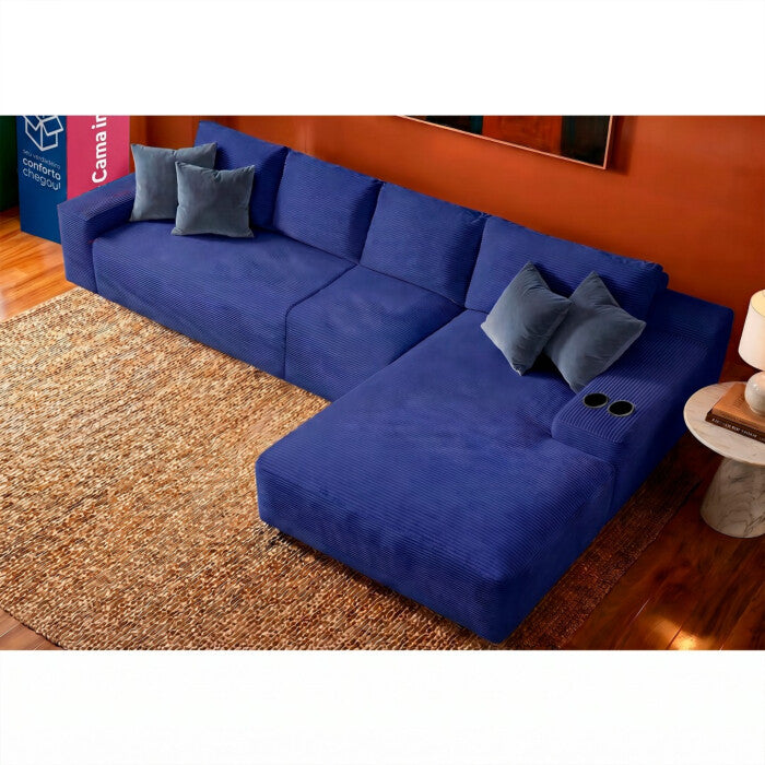 Sofá Evo com Chaise Lounge Velourê 4 módulos