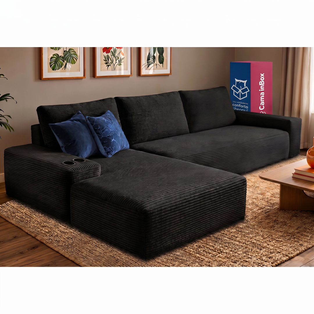 Sofá Evo com Chaise Lounge a Vácuo Velourê 3 módulos