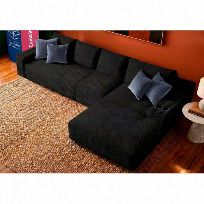 Sofá Evo com Chaise Lounge Velourê 4 módulos