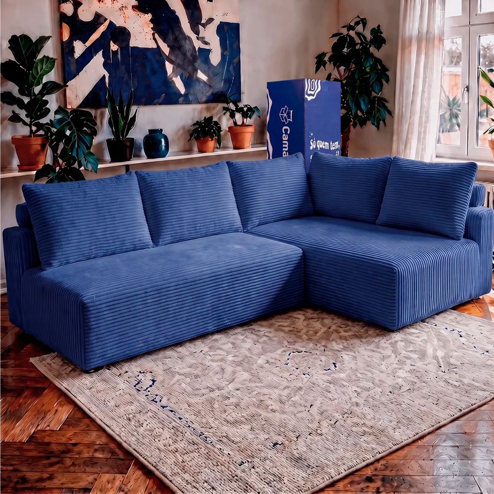 Sofá de Canto Modular Vibe Direito 2,70m x 1,70m Xpand Tech Tecido Velourê Cama inBox
