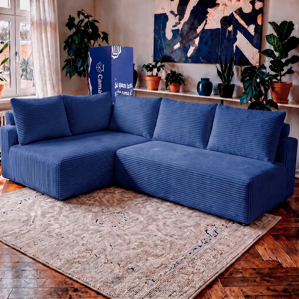 Sofá de Canto Modular Vibe Esquerdo 2,70m x 1,70m Xpand Tech Tecido Velourê Cama inBox