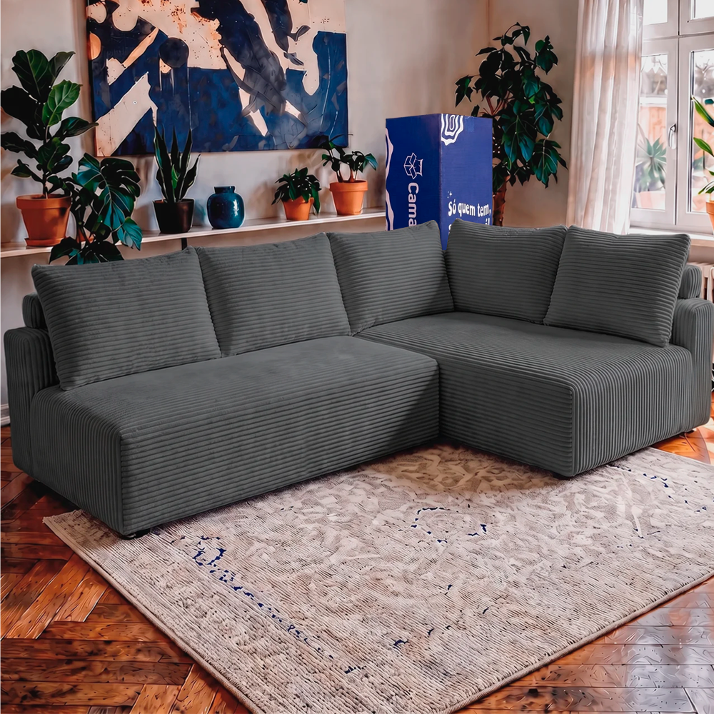 Sofá de Canto Modular Vibe Direito 2,70m x 1,70m Xpand Tech Tecido Velourê Cama inBox
