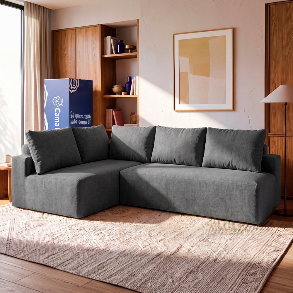 Sofá de Canto Vibe Esquerdo 2,70 x 1,70 BoostTech Bouclê Cama inBox