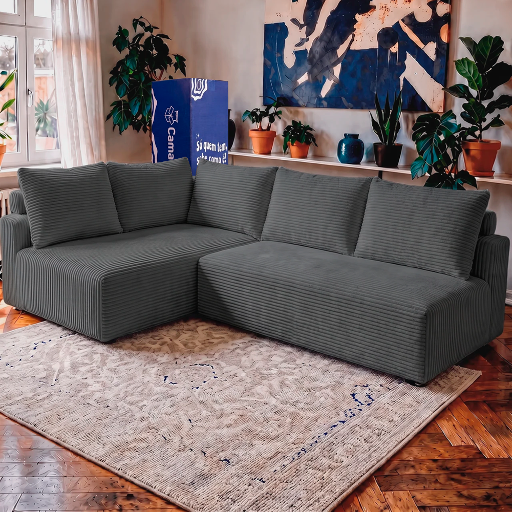 Sofá de Canto Modular Vibe Esquerdo 2,70m x 1,70m Xpand Tech Tecido Velourê Cama inBox