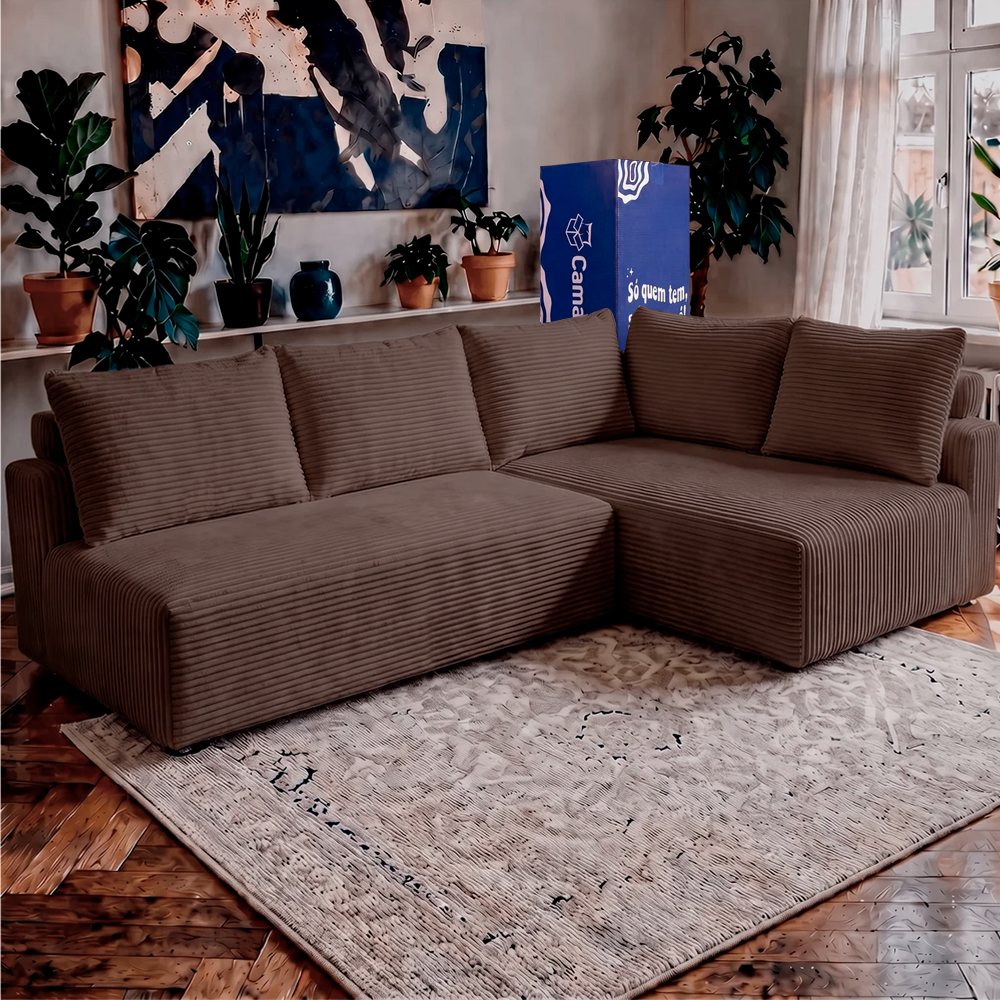 Sofá de Canto Modular Vibe Direito 2,70m x 1,70m Xpand Tech Tecido Velourê Cama inBox