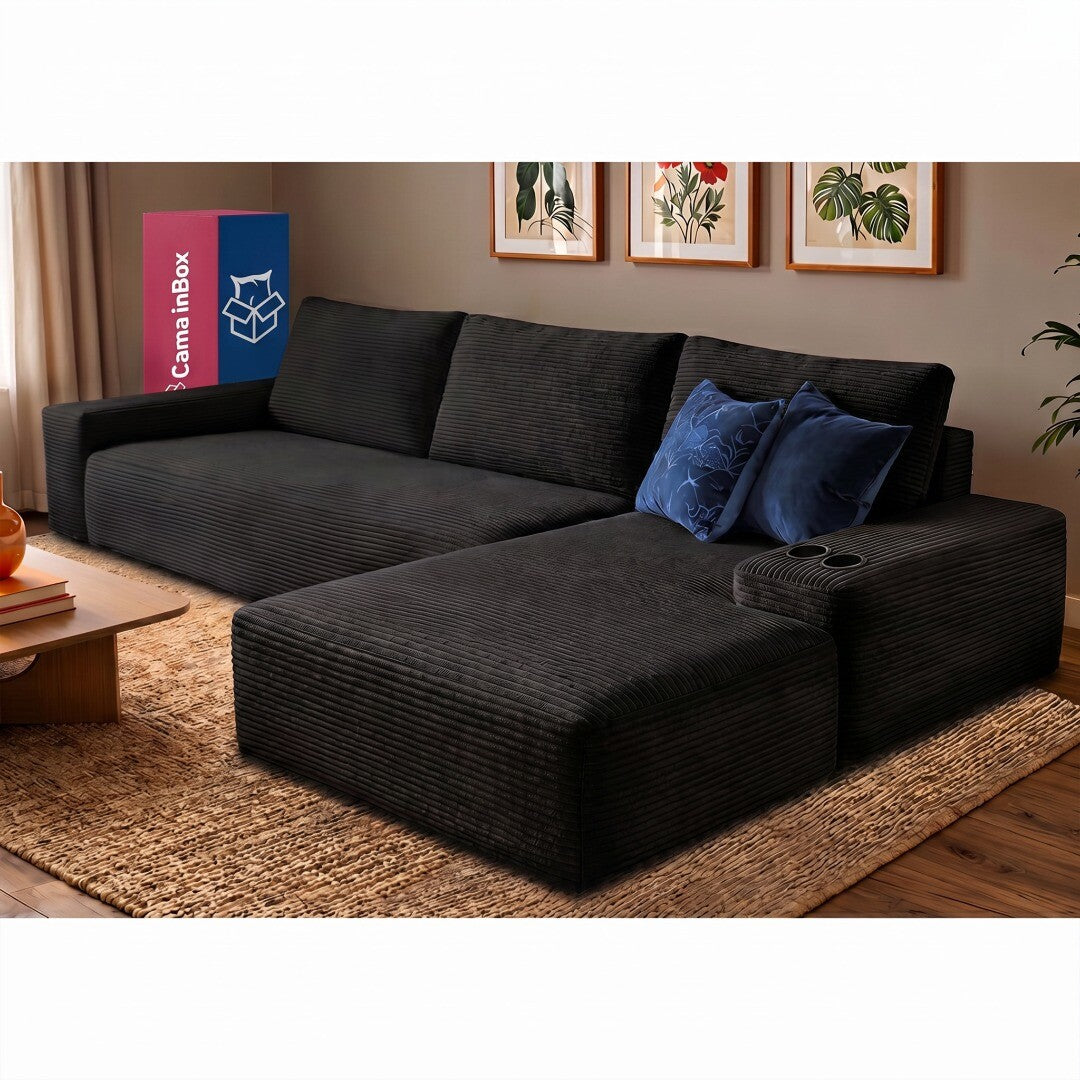 Sofá Evo com Chaise Lounge a Vácuo Velourê 3 módulos