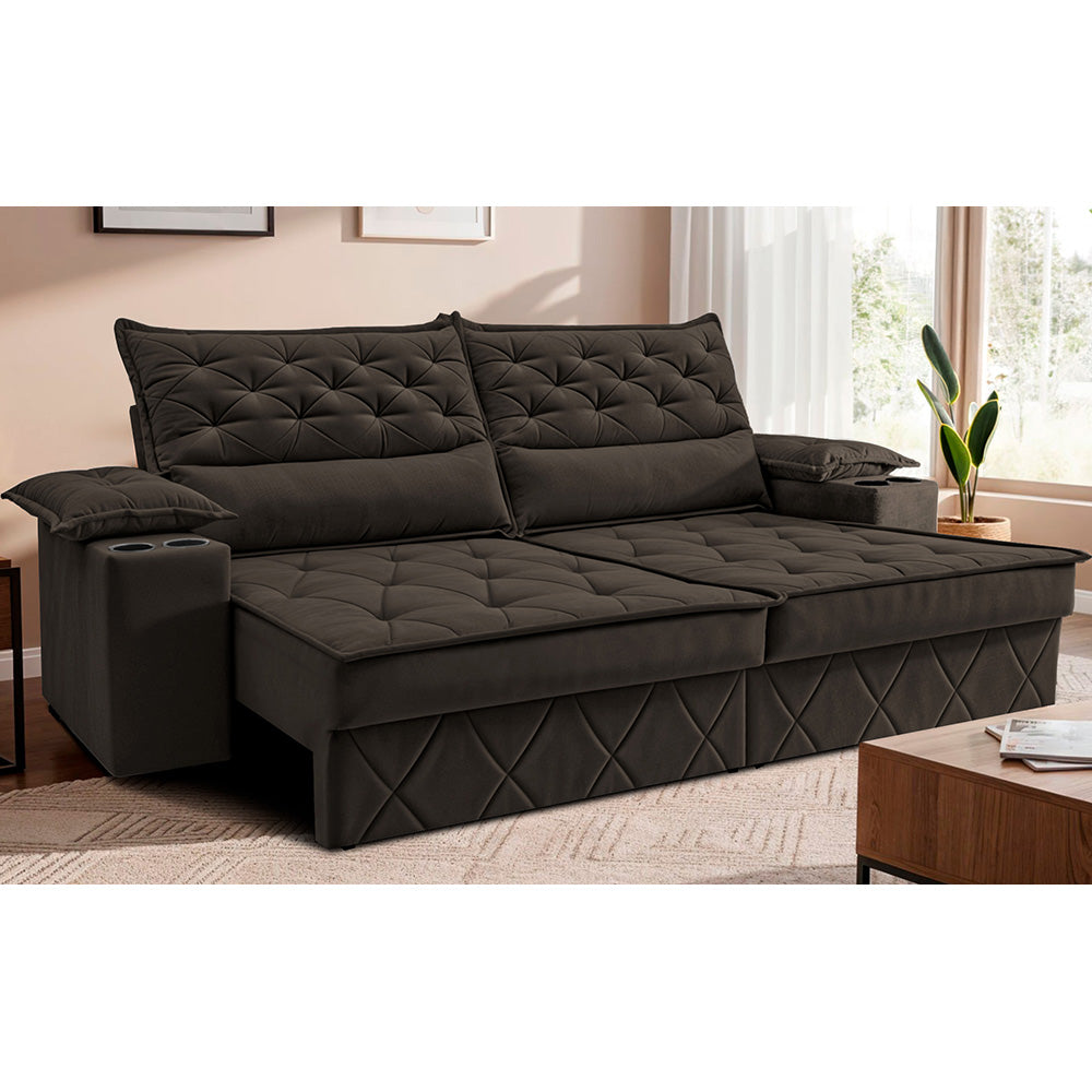Sofá Retrátil e Reclinável com Porta Copos e Molas Cosmos Velusoft Cama inBox