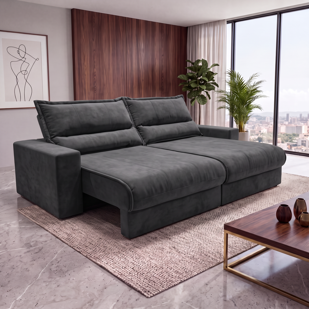 Sofá Retrátil e Reclinável Smart Clean Tecido Velusoft Cama inBox