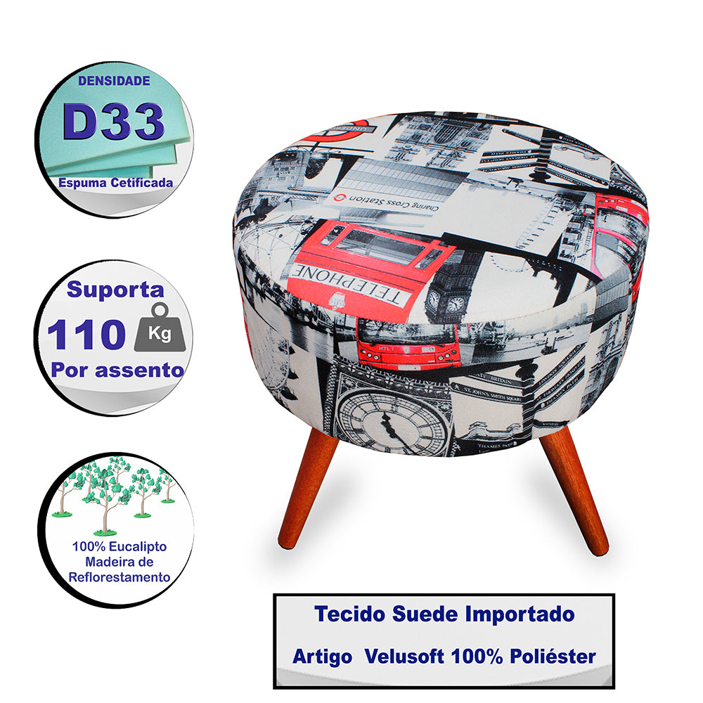 0 - Kit 2 Puff Cama Inbox Londres Redondo com Pés em Madeira Maci