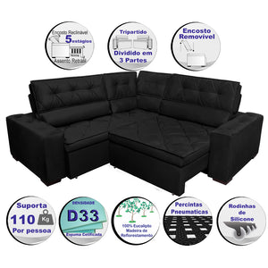0 - Sofá de Canto Retrátil, Reclinável, Molas Cama inBox Austin 2