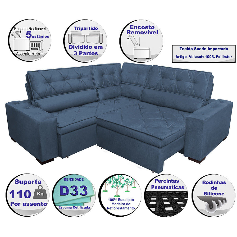 0 - Sofa de Canto Retrátil e Reclinável com Molas Cama inBox Aust