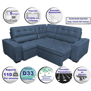 0 - Sofa de Canto Retrátil e Reclinável com Molas Cama inBox Aust