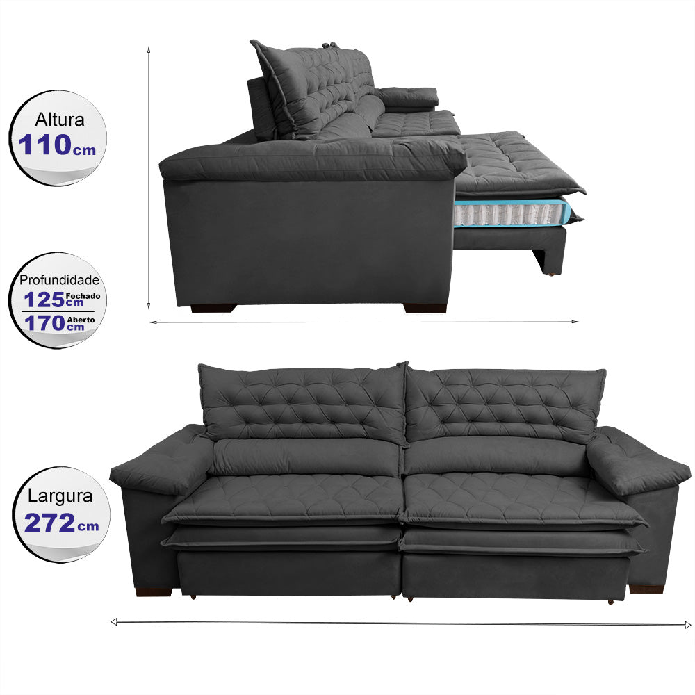 Sofá Retrátil e Reclinável 2,72m Molas Ensacadas Cama inBox Alemanha com Espuma Viscoelástico Velusoft