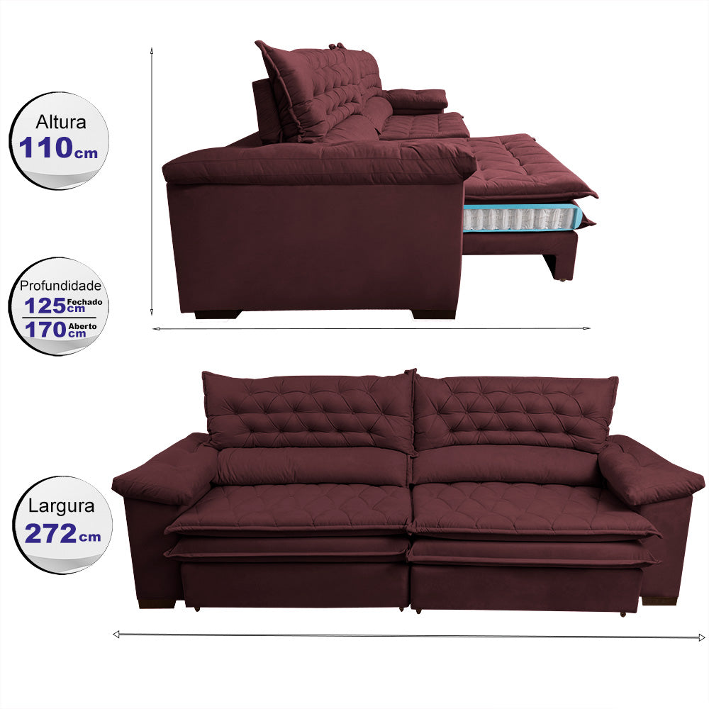 Sofá Retrátil e Reclinável 2,72m Molas Ensacadas Cama inBox Alemanha com Espuma Viscoelástico Velusoft