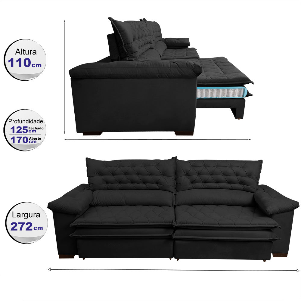 Sofá Retrátil e Reclinável 2,72m Molas Ensacadas Cama inBox Alemanha com Espuma Viscoelástico Velusoft