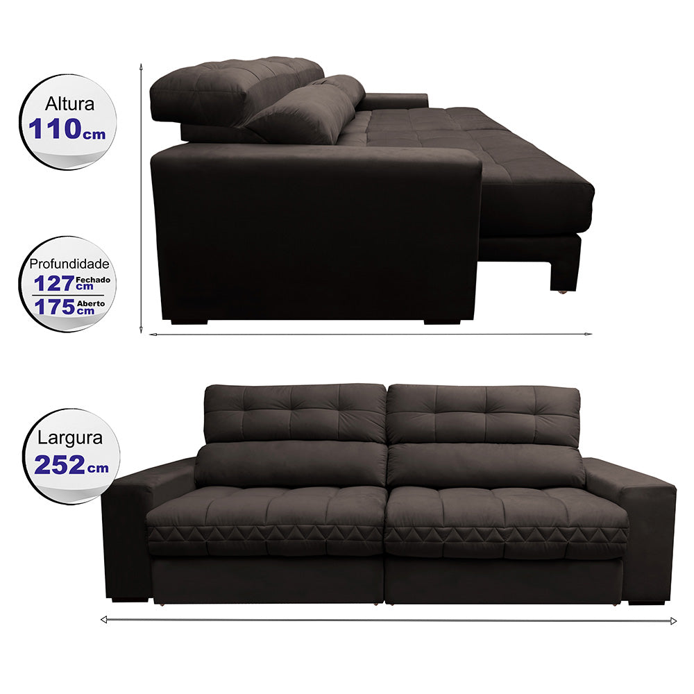 Sofá Retrátil e Reclinável 2,52m Molas Ensacadas Cama inBox Brasil Velusoft