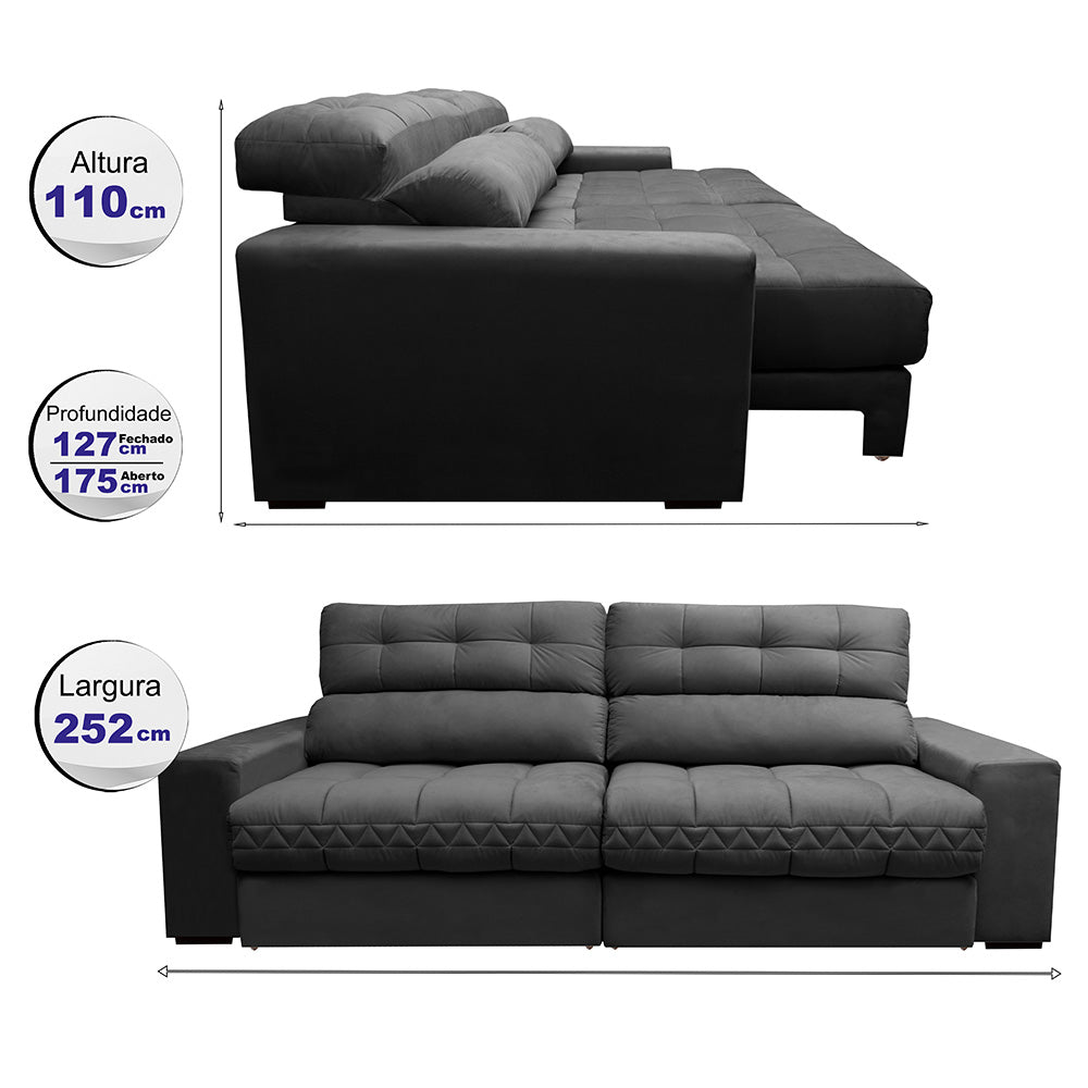 Sofá Retrátil e Reclinável 2,52m Molas Ensacadas Cama inBox Brasil Velusoft