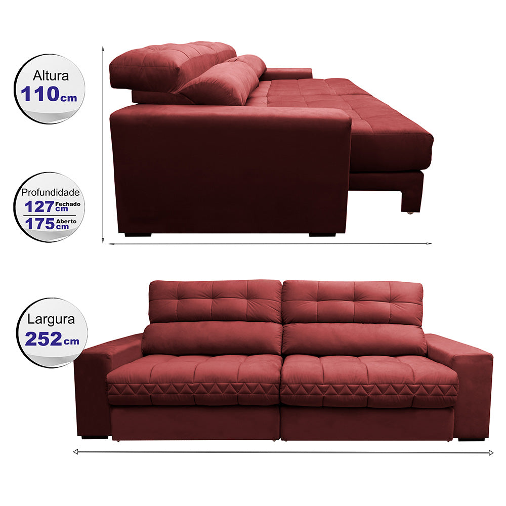 Sofá Retrátil e Reclinável 2,52m Molas Ensacadas Cama inBox Brasil Velusoft