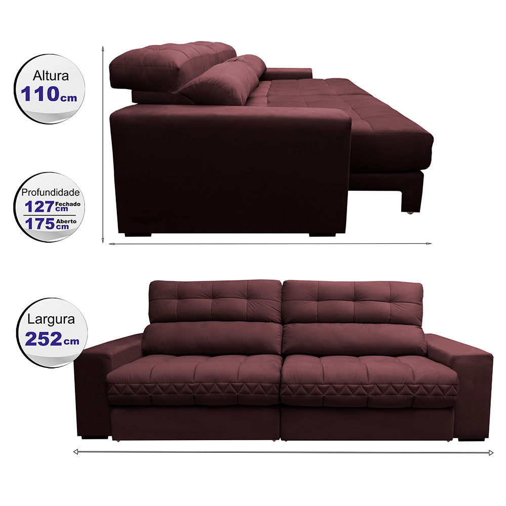 Sofá Retrátil e Reclinável 2,52m Molas Ensacadas Cama inBox Brasil Velusoft