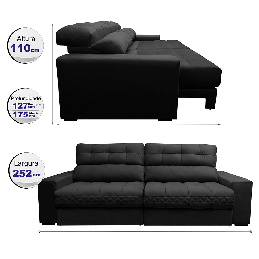 Sofá Retrátil e Reclinável 2,52m Molas Ensacadas Cama inBox Brasil Velusoft