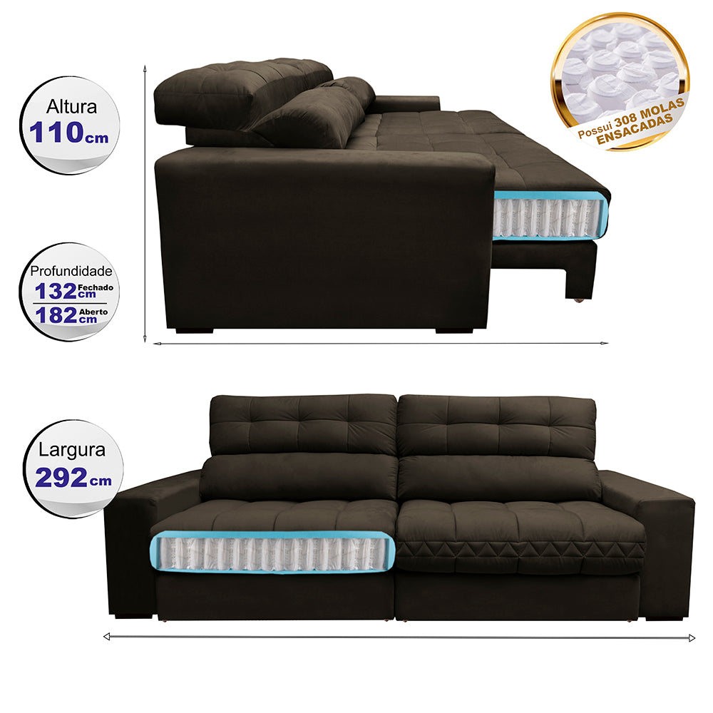 Sofá Retrátil e Reclinável com Molas Ensacadas Cama inBox Master 2,92m Tecido Suede