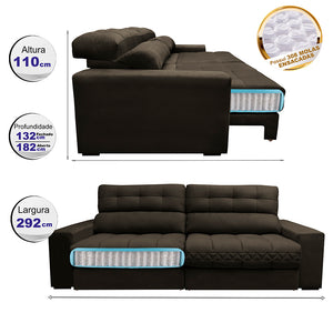 Sofá Retrátil e Reclinável com Molas Ensacadas Cama inBox Master 2,92m Tecido Suede