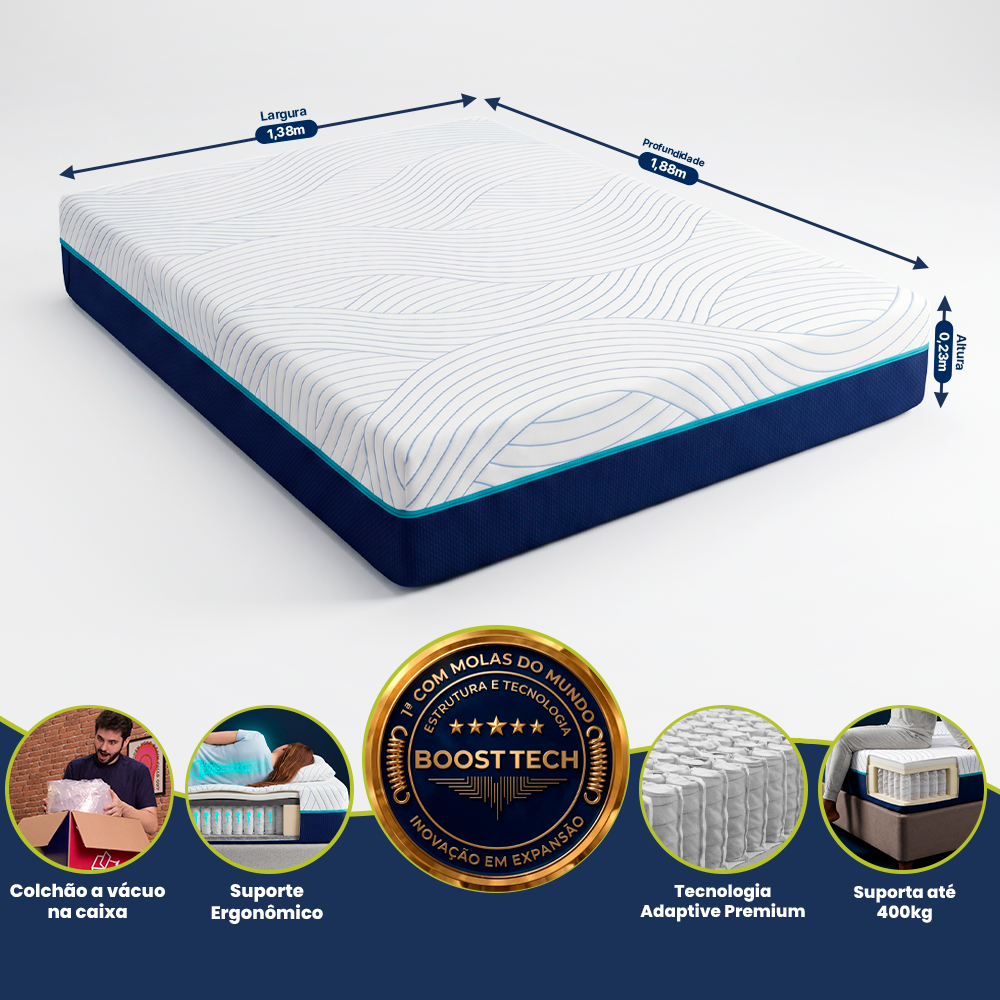 Colchão de Molas Ensacadas a Vácuo Boost Tech Memory Fresh Waterfall Cama inBox