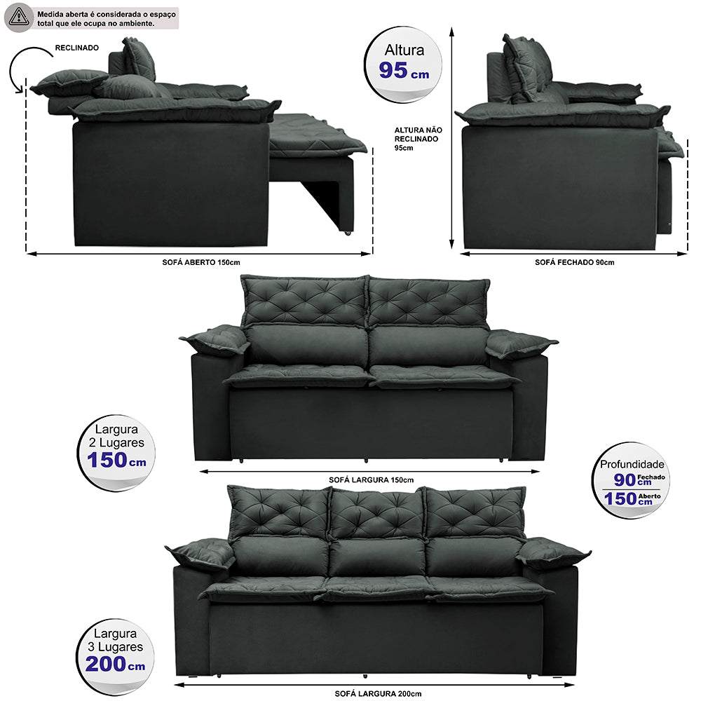 Conjunto de Sofá 3 e 2 Lugares Retrátil e Reclinável Cama inBox Compact