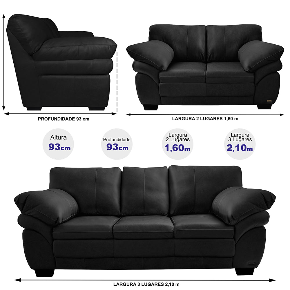 Conjunto Sofá de Couro Legítimo 3 e 2 Lugares Cama inBox Monterrey 2,10x1,60m