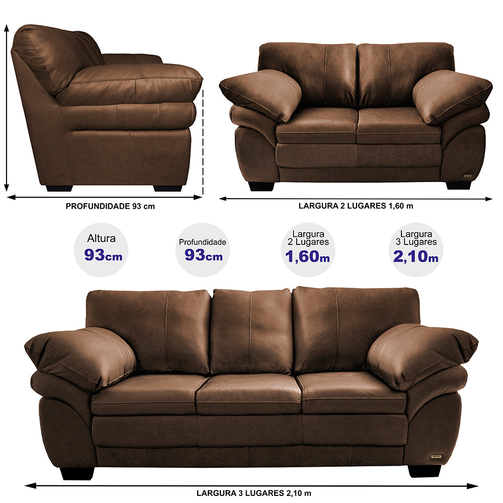 Conjunto Sofá de Couro Legítimo 3 e 2 Lugares Cama inBox Monterrey
