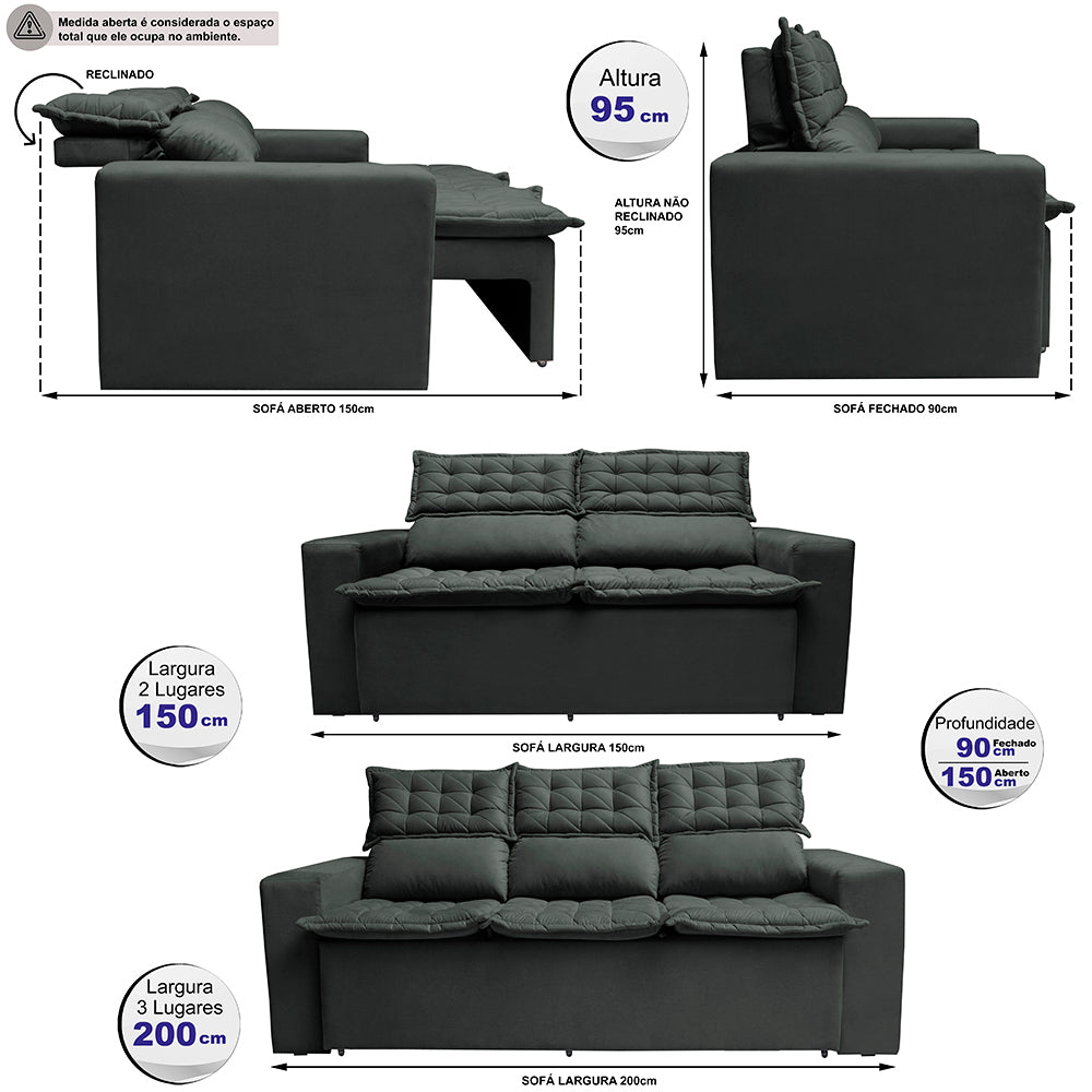 Conjunto de Sofá 3 e 2 Lugares Retrátil e Reclinável Cama inBox Slim