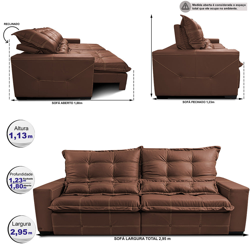 Sofá de Couro Legítimo Retrátil e Reclinável 2,95m Cama inBox Toro SoftGel D40