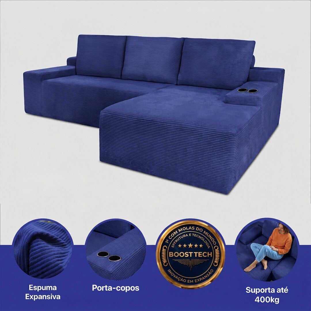 Sofá Evo com Chaise Lounge a Vácuo Velourê 3 módulos