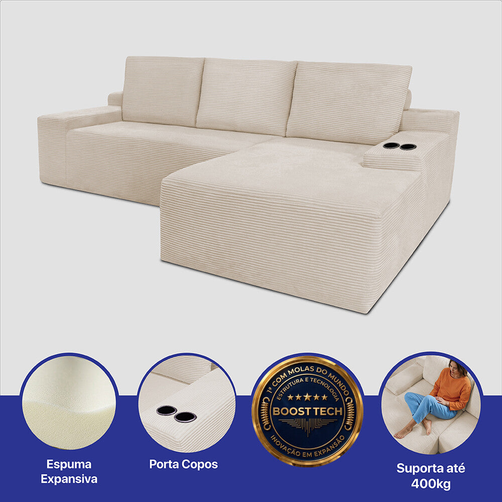 Sofá Evo com Chaise Lounge a Vácuo Velourê 3 módulos