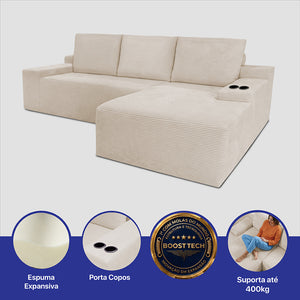 Sofá Evo com Chaise Lounge a Vácuo Velourê 3 módulos