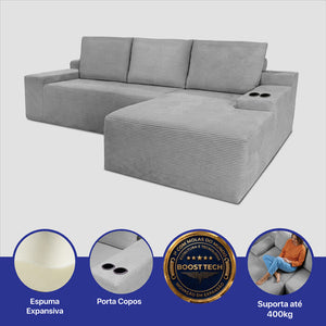 Sofá Evo com Chaise Lounge a Vácuo Velourê 3 módulos