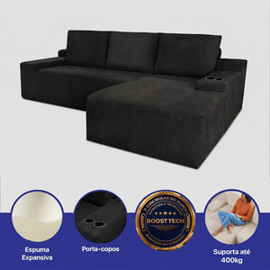 Sofá Evo com Chaise Lounge a Vácuo Velourê 3 módulos
