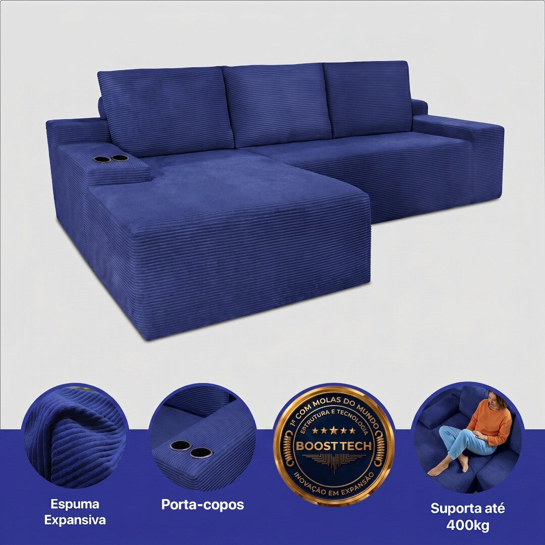 Sofá Evo com Chaise Lounge a Vácuo Velourê 3 módulos