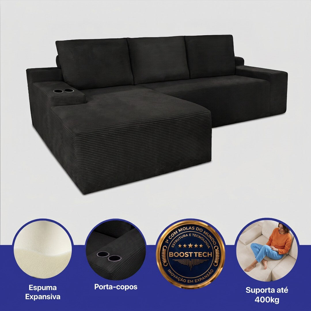 Sofá Evo com Chaise Lounge a Vácuo Velourê 3 módulos
