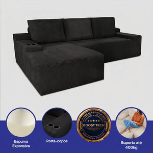 Sofá Evo com Chaise Lounge a Vácuo Velourê 3 módulos
