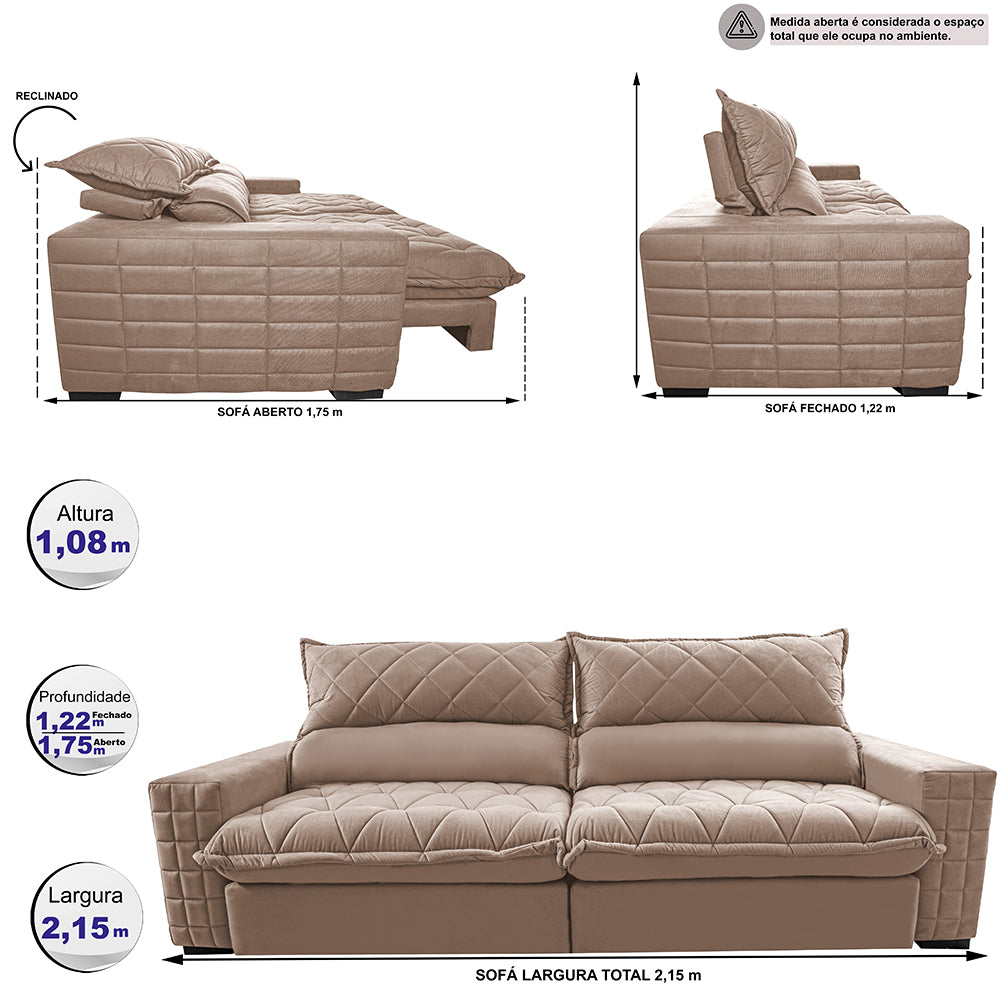 Sofá Retrátil e Reclinável 2,15m Molas Ensacadas Cama inBox Elegance com ThermoGel Velusoft