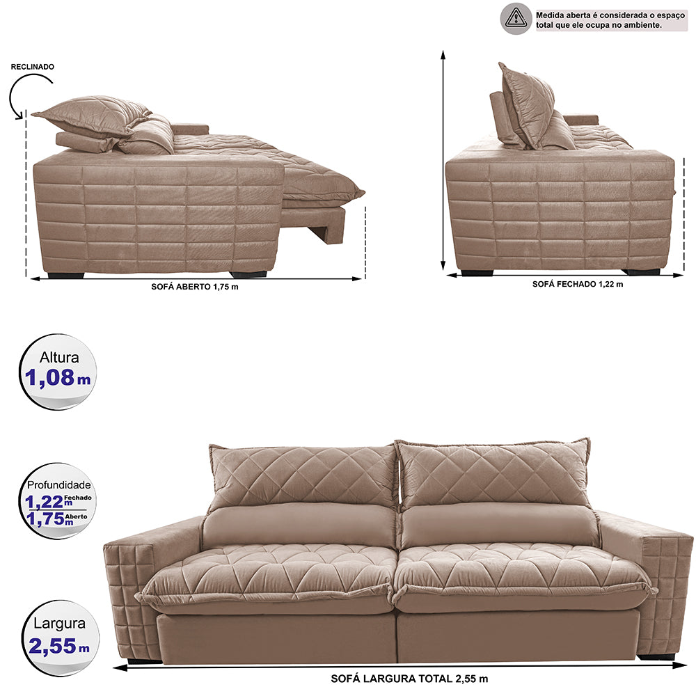 Sofá Retrátil e Reclinável 2,55m Molas Ensacadas Cama inBox Elegance com ThermoGel Velusoft