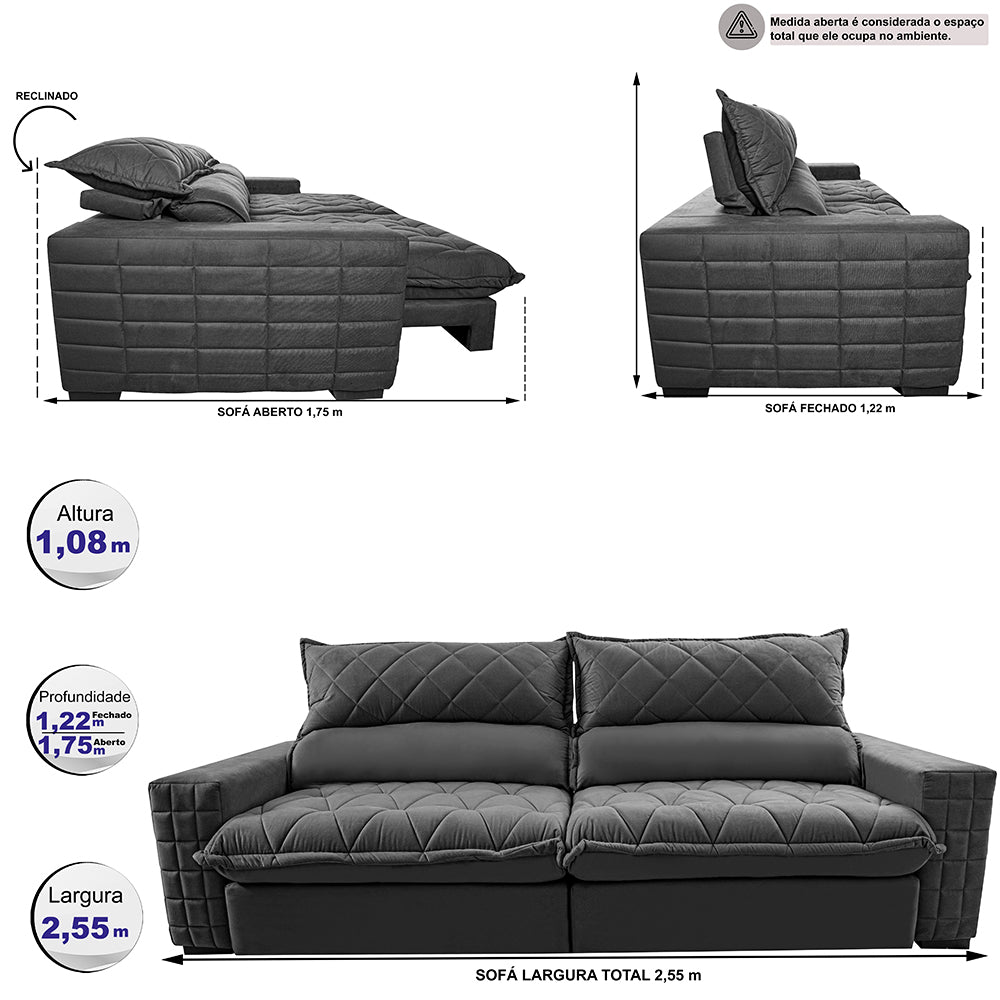 Sofá Retrátil e Reclinável 2,55m Molas Ensacadas Cama inBox Elegance com ThermoGel Velusoft