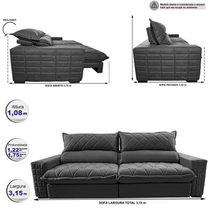 Sofá Retrátil e Reclinável 3,15m Molas Ensacadas Cama inBox Elegance com ThermoGel Velusoft