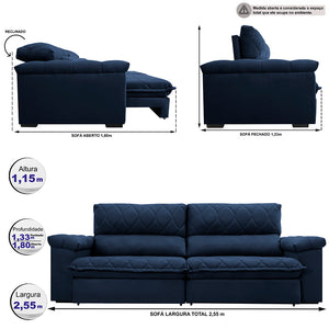 Sofá Retrátil e Reclinável Molas Ensacadas Cama inBox Big Home com Bordado 3D Velusoft
