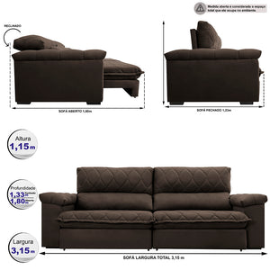 Sofá Retrátil e Reclinável Molas Ensacadas Cama inBox Big Home com Bordado 3D Velusoft