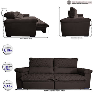 Sofá Retrátil e Reclinável Molas Ensacadas Cama inBox Big Home com Bordado 3D Linho