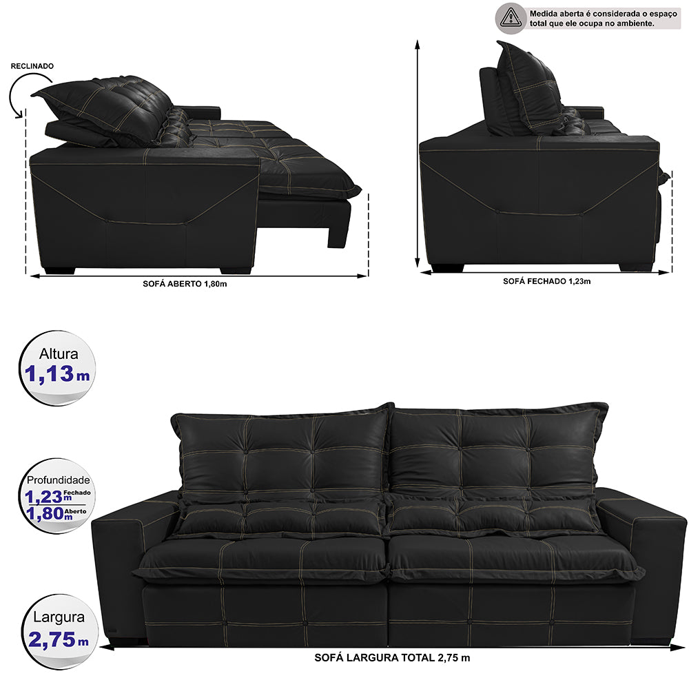 Sofá de Courino Retrátil e Reclinável Cama inBox Bourbon SoftGel D40